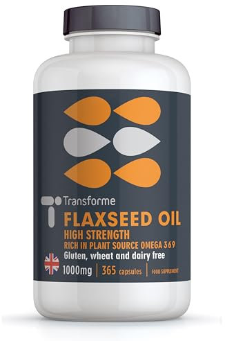 Transforme Flaxseed Oil Capsules 1000mg, Cold Pressed Omega 3 6 9, 365 Softgels, High in Alpha Linolenic, Linoleic & Oleic Acid, 2000mg Serving, Lactose & Gluten Free, 6 Month Supply