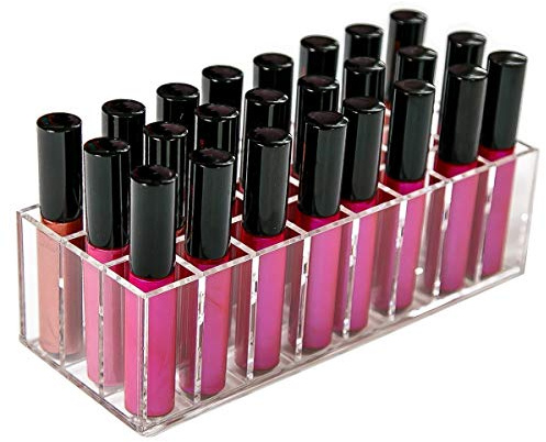 BBDOU Acrylic Lip Gloss Holder Organizer, Lipstick Holder, 24 Slots Makeup Lip Gloss Lipstick Brushes Storage Display Case