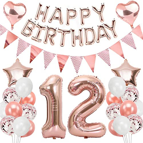 Ouceanwin Geburtstagsdeko 12 Jahre Mädchen, Rosegold Luftballon 12. Geburtstag Deko Set, Folienballon Zahl 12, Helium Ballon Happy Birthday Girlande für 12. Geburtstag Kinder Party Deko