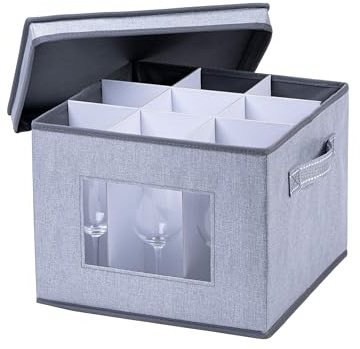 VENO Wine Glass Storage Box with Lid and Handles, Moving Boxes for Glasses, China Organizer Container, Glassware Holder, Dividers for 9 Glasses, Clear Window Panel