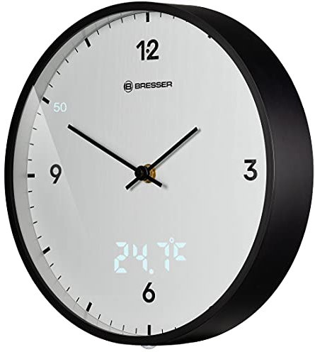 Bresser MyTime Wanduhr mit Funk ohne Tickgeräusche mit 24 cm großem Ziffernblatt, LED Sekundenanzeige, Innentemperatur und geräuschlosem Funkuhrwerk, weiß
