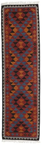 RugVista Kelim Isparta, Teppich, Modern, 80 x 300 cm, Rechteckig, Mittlerer Stapel, Nur chemische Reinigung, Care & Fair Zertifiziert, Rost/Blau