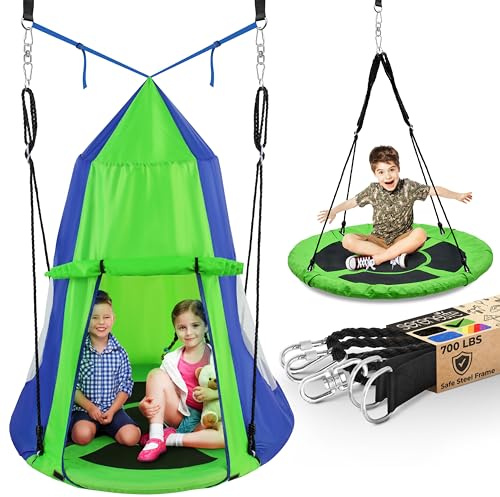 SereneLife 40 Kids Hanging Tent Swing, Outdoor Saucer Swing with Hang Kit and Swinging Swivel Spinner (Green)