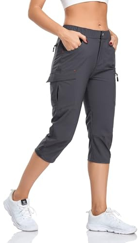 GymBrave Wanderhose Damen 3/4 Trekkinghose Stretch Leiche schnell trocknend Cargo Caprihose Sommer Outdoor UPF 50 mit Reißverschlusstaschen Grau L