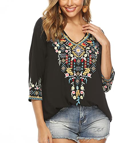 Seasonal Damen Stickerei Bluse Bohemian Herbst Tunika Bestickte Folklore Blusen Hippie Blumenmuster Oberteil 3/4 Arm Lose Tops