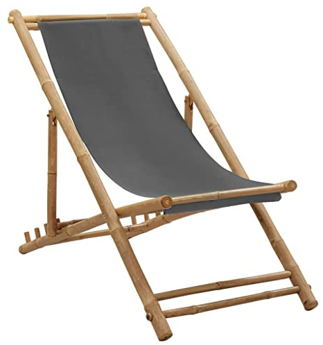 vidaXL Deck Chair Outdoor Seating Furniture Folding Adjustable Garden Beach Camp Chair Patio Lounge Seat Bamboo and Canvas Dark Grey