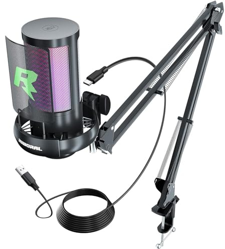 Kit de micrófono para juegos, micrófono USB RGB Riworal con soporte de micrófono, botón de silencio de filtro pop, para grabación de juegos, podcasting, micrófono de podcast para PC PS4 PS5 MAC
