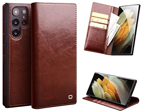 qichenlu Robustes Rindsleder Retro Braun Echt Leder Klapp Hülle für Galaxy S23 Ultra,Zert. Echtes Leder Handytasche mit Kartenfach Ständer,Book Flip Cover Wallet Case für Samsung Galaxy S23 Ultra