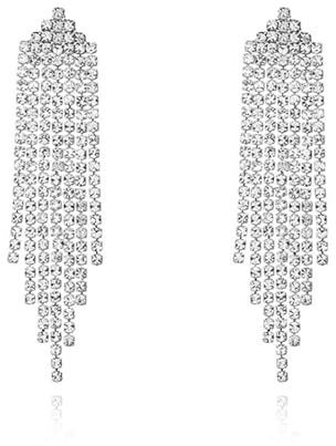 Luxval Rhinestone Earrings Dangling for Women Sparkly Silver Dangle Earrings Women Long Chandelier Earrings Tassel Lightweight Ear Studs Cubic Zirconia Crystal Statement