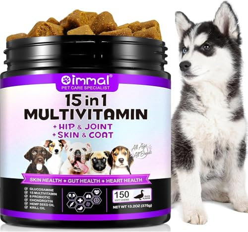 Dog Vitamin Supplements, 15-in-1 Dog Multivitamin, Vitamins for Dogs Hip and Joint, Skin Health, Gut Health, Immune System and Improve Mobility with Vitamin C, Probiotics for Dogs (150 Chews)