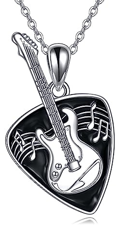 VONALA Gitarren-Plektrum-Halskette, Sterlingsilber, Gitarrenplektrum mit Musiknoten-Anhänger, Halskette, Musikschmuck, Geschenke für Musikliebhaber, Damen und Herren, 25 x 18 mm, Sterlingsilber, kein