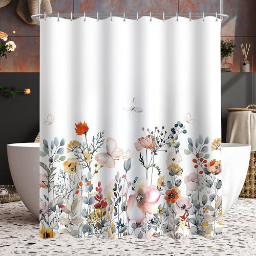 Lerores Duschvorhang 240x200cm Blumen, Beschwerter Saum Antischimmel Textil, Wasserabweisend, Waschbar Polyester Badevorhänge mit Ösen und 16 Duschvorhangringe für Badezimmer, Badewanne