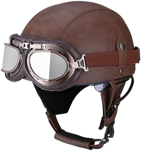 EBAYIN Casque Bols Casque en Cuir Vintage Casque De Moto RéTro Scooter Demi-Casque Casque Ouvert Sangle Lunettes UV Dot ECE Approuvé Adulte Hommes Femmes Casque Jet,M-L=(59~60cm)