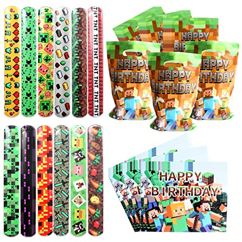 Clvsyh Spiel Kinder Geburtstag Mitgebsel, 12 Einladungskarten Kindergeburtstag + 12 Videospiele Armband für Kinder + 10 Geschenktüten, Party Gastgeschenk für Jungen Mädchen Geburtstags Partyzubehör