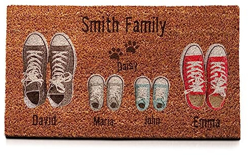 Wanapix | Fußmatte aus Kokosfasern Personalisiert mit Name | Original Türmatte für Innenbereiche | Unterseite | Familien Namen | 2 Schuhe + 2 Kind + Haustier