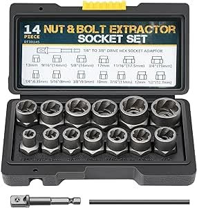 Sukudon 14 PCS Socket Set， Bolt Extractor Set, Locking Wheel Nut Removal Tool, 3/8” Impact Socket Set and Rounded Bolt Remover, Bolt Extractor， Stud Extractor Set