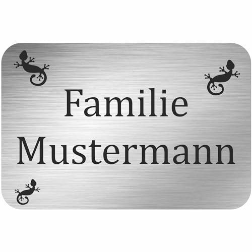 INDIGOS UG - Targhetta con nome – Geco – 300 x 200 mm – Pannello composito in alluminio effetto acciaio inox 3 mm – personalizzato con testo a scelta, nome, cognome, azienda – Cassetta delle lettere –