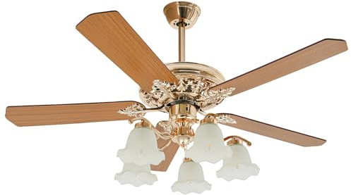 Modern Ceiling Fan with Remote Control, 52Inch Gold Ceiling Fan Chandelier with 5 Wood Blades & 5 Glass Lampshades, 3-Speed, Quiet Motor, Reversible Led Modern Chandelier for Living Room/Bedroom