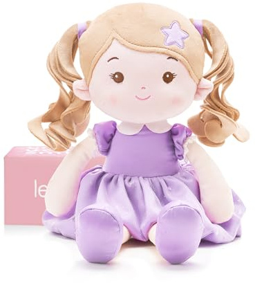 LeyaDoll Muñeca de bebé suave (40,6 cm), mi primera muñeca de trapo para niña de 1 año, regalo de cumpleaños, juguetes de peluche de Navidad para niños pequeños y bebés - Morado Estrella
