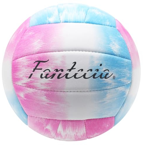 Fantecia Beach Volleyball Size 5 with Pump, Soft Leather Volleyball for Outdoor Indoor Game, Gift for Girls Teenagers Youth Adult (Pink/Blue)