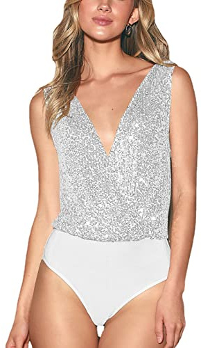 Ärmelloser Glitzer-Body, Weicher, Eleganter Pailletten-Netz-Body, Rückenfrei, V-Ausschnitt, Party-Bar-Partykleid für Damen (SILVER)