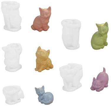 Xidmold 5 stycken 3D katt ljusform silikon, ljusgjutformar katt, kattunge silikonform för fondant, choklad, sojavaxljus, tvål, epoxiharts, gips, hantverk