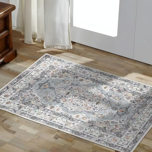 TALETA Fußmatte innen waschbar, Fussmatte dünn, Kleiner Vintage Eingangsteppich, Bettvorleger rutschfest für Ecke, Küche - hellblau, 50 x 80 cm