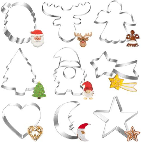 Ausstechformen Weihnachten, 9 Stück Wichtel Plätzchen Ausstecher Set, Edelstahl Plätzchenausstecher Weihnachtsbaum, Elchkopf Keksausstecher, Stern Cookie Cutter Geschenke für Backen Fondant Torten