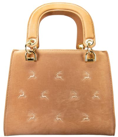 Alpenflüstern Trachtentasche Samt mit Hirschstickerei - Damen Handtasche, Schultertasche fürs Dirndl, Tasche zur Tracht, Dirndltasche mit Metallelemente (taupe-braun) DTA099