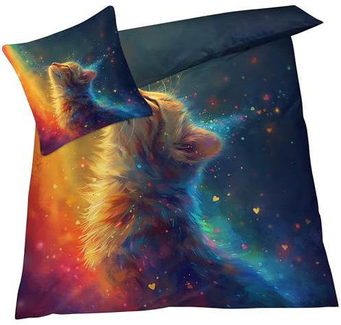 YELDAN Katze Bettwäsche 140x200 Sommer, Regenbogen Fantasie Bettbezug 140x200 2er Set, Wendebettwäsche und Kissenbezug, Weiche & Atmungsaktive Mikrofaser Bettwäsche-Sets