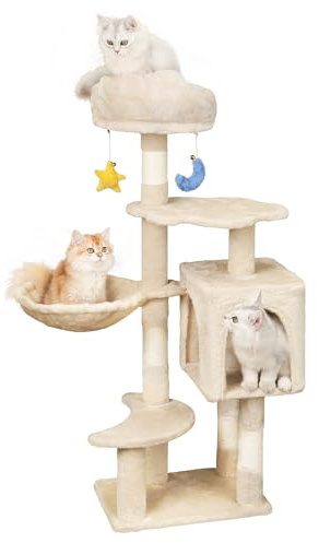 Meecal Cloud Cat Tree with Cat Condo for Indoor Cats, 43 Cute Cat Tower with Scratching Post, Cozy Hammock, Unique Perch, Dangling Toy, Cat Tree House with Large Padded Bed, Beige