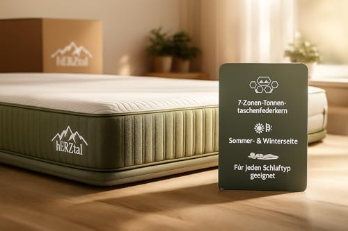 hERZtal 7-Zonen Taschenfederkernmatratze 160x200 cm – 18 cm hoch, All in One, punktelastisch & atmungsaktiv, Sommer-/Winterseite, Bezug abnehmbar & 60 °C waschbar, Zertifiziert