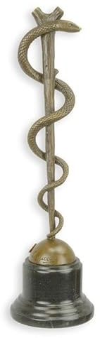 Exclusiva escultura de bronce, serpiente alrededor de la varilla/varilla de Esculapso sobre base de mármol, 38 cm de altura, 1,6 kg, símbolo de arte curativo y medicina, elegante decoración Art Deco