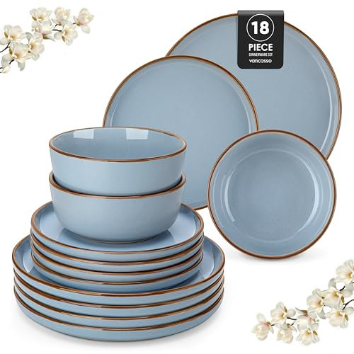 vancasso Loire 18-Piece Stoneware Dinner Set for 6 People, Dinnerware Sets with Plates and Bowls, Scratch Resistant Dinner Service Set for Family or Restaurants, Dishwasher and Microwave Safe, Blue