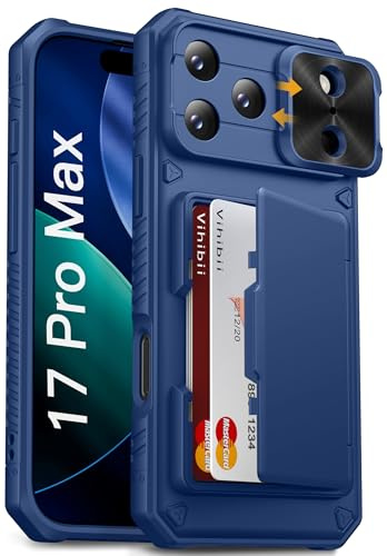 Vihibii for iPhone 17 Pro Max Wallet Case with Card Holder (4 Cards), Blue | Slide Camera Lens Cover, RFID Blocking, Raised Edges Protect Screen, Shockproof, Rugged Cover for iPhone 17 Pro Max 6.9 2025
