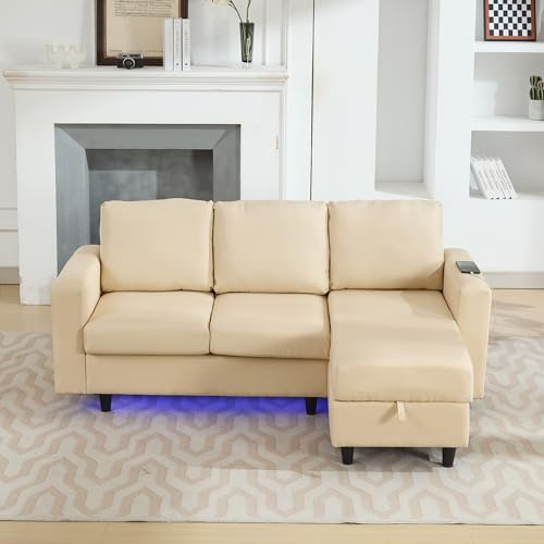 LANTRO JS L Shaped Sofa with Reversible Storage Chaise, Charging, LED | Sturdy Wooden Frame, Soft Seat and Backrest, Stylish for Apartment, Living Room, Office, Linen, Beige, 180x120x72cm