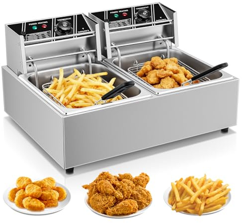 Friteuse Electrique Commerciale FOHERE, Friteuse Double de 21,6L avec Panier, Temperatura Regolabile da 60 a 200°C, Friteuse en Acier Inoxydable de 3400W pour Utilisation en Cuisine et Restaurant