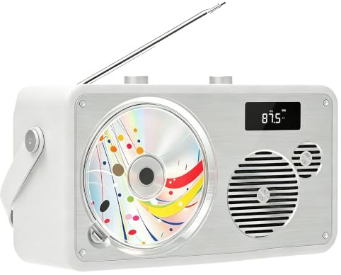 CD Player Tragbar mit Bluetooth, UKW Radio/USB/AUX, wiederaufladbare Akku | 10W Lautsprecher, MP3-Wiedergabe/Kopfhöreranschluss/Fernbedienung, 2000mAh Akku, Kompakter Tragbarer CD-Player