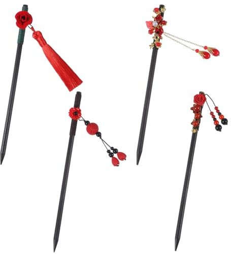 4PCS Chinese Wooden Hair Sticks for Buns, Retro Hair Chopsticks for Women Japanese Hairs Chopsticks Wooden Hairpins Handmade Flower Tassel Buns Hairs Forks Accessories Hanfu Pins