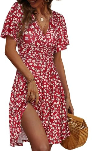 LIAMERHE Robe Été Femme Courte à Col en V - Robe Portefeuille Imprimé Floral Manches Courtes/sans Manches Robe Bohème Chic et Élégante pour Mariage Invitée Vacances Plage Fleurs-2 XL