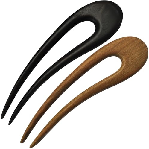 2 Stück 15 cm Haarnadel aus Sandelholz | U-förmige French Pin für Damen | Haarnadeln Groß in Naturholzoptik und Klassischem Schwarz | Handgefertigte French Hair Pin für Dutt Hochsteckfrisuren