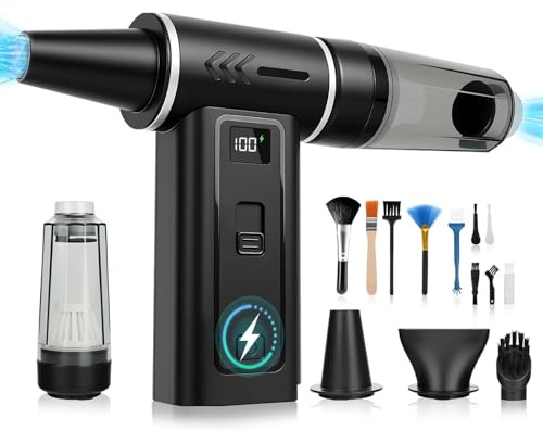 Aroeally Druckluftspray Alternative 2-in-1 Elektrischer Air Duster & Staubsauger mit 180000 U/min, 8000 mAh Akku Gebläse, 100 Stufen, Digital Display, PC Reinigung & Tastatur Reinigungsset, USB-C