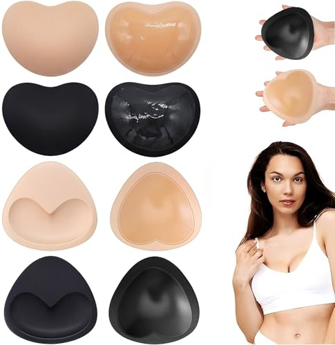 4 Paia Coppe Adesive Seno Push Up, Imbottitura Reggiseno Autoadesiva Invisibile per Bikini e Abiti da Sera, Set Inserti Imbottiti per Sollevamento Seno, 2 Forme (Cuore e Triangolo), Nero e Carne