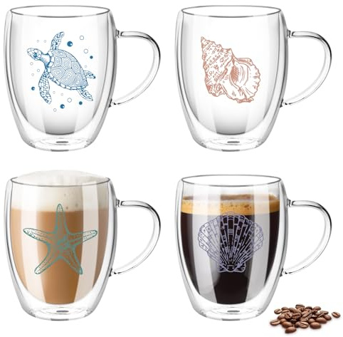 Top-spring 4er Set Doppelwandige Glas Kaffeetassen mit Meeresmotiv, 350ml Latte Macchiato Gläser mit Henkel, Isolierte Glasbecher für Kaffee, Tee, Cappuccino & Espresso
