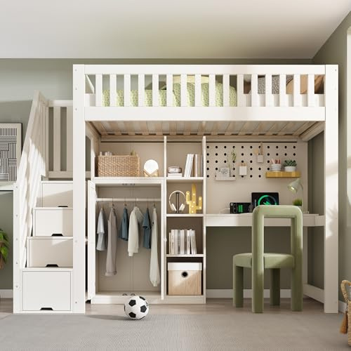 Rosebibi Cama alta infantil blanca de 90 x 200 cm con escritorio, armario, estanterías abiertas, somier, solución de ahorro de espacio, sin colchón