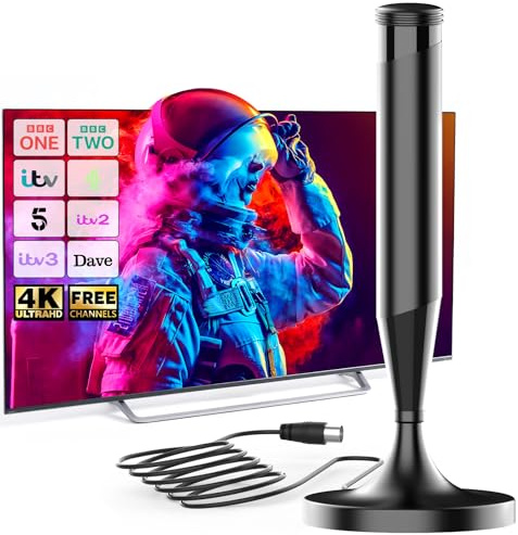 Indoor TV Aerial for Smart TV with Magnetic Base, Digital TV Aerial Indoor, Universal TV Antenna Indoor Compatible with All Televisions, 360° Reception, Supports 4K 1080P, 5m Coaxial Cable