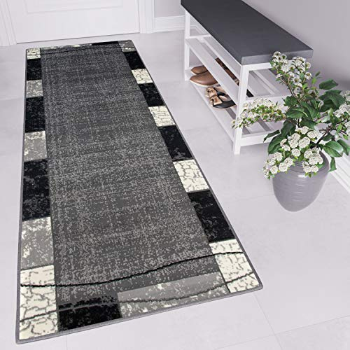 TAPISO Dream Läufer Flur Teppich Kurzflor Modern Teppichläufer Brücke Grau Creme Schwarz Meliert Viereck Muster Wohnzimmer ÖKOTEX 100 x 200 cm