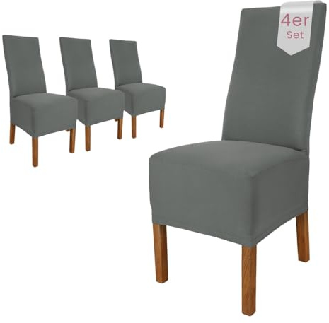 Scheffler Home Stuhlhussen 4er Set Grau Jersey Baumwolle Emma | Waschbare Stuhlbezüge, Stretch Chair Cover für Hochlehner, Polsterstühle und Esszimmerstühle, Öko-Tex zertifiziert