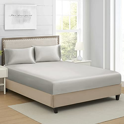 Queen-Seiden-Satin-Spannbetttuch, weiche, tiefe Tasche, Einzelbett-Bettlaken separat erhältlich, knitterfrei, lichtecht, atmungsaktiv, voll elastisch (Queen-Size, Hellgrau)