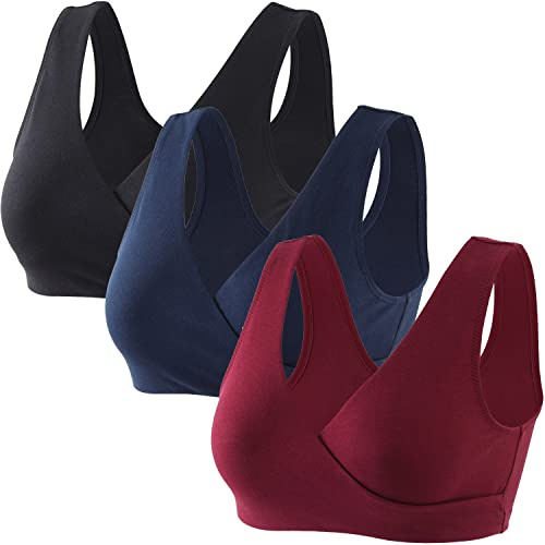 ZUMIY Maternity Nursing Bras, sömlös amningsbehå utan bygel, graviditetsbehå och amning underkläder, amning och sömn utan bygel för kvinnor, Black+red wine+navy blå/3-pack, M